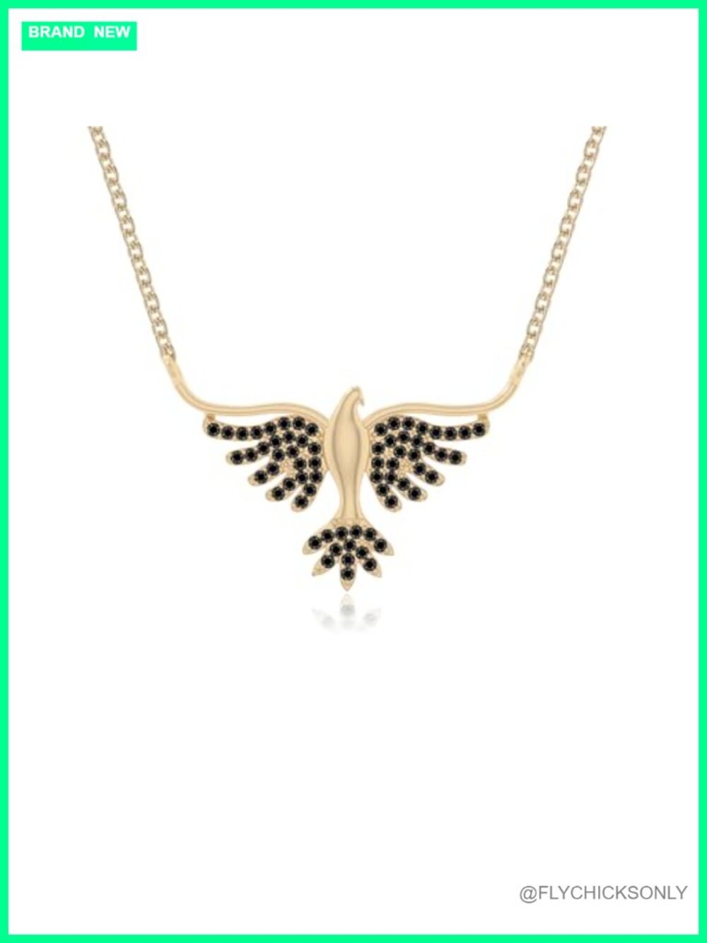 Natural Black Onyx Phoenix Eagle Pendant Necklace 18K Yellow Gold Vermeil